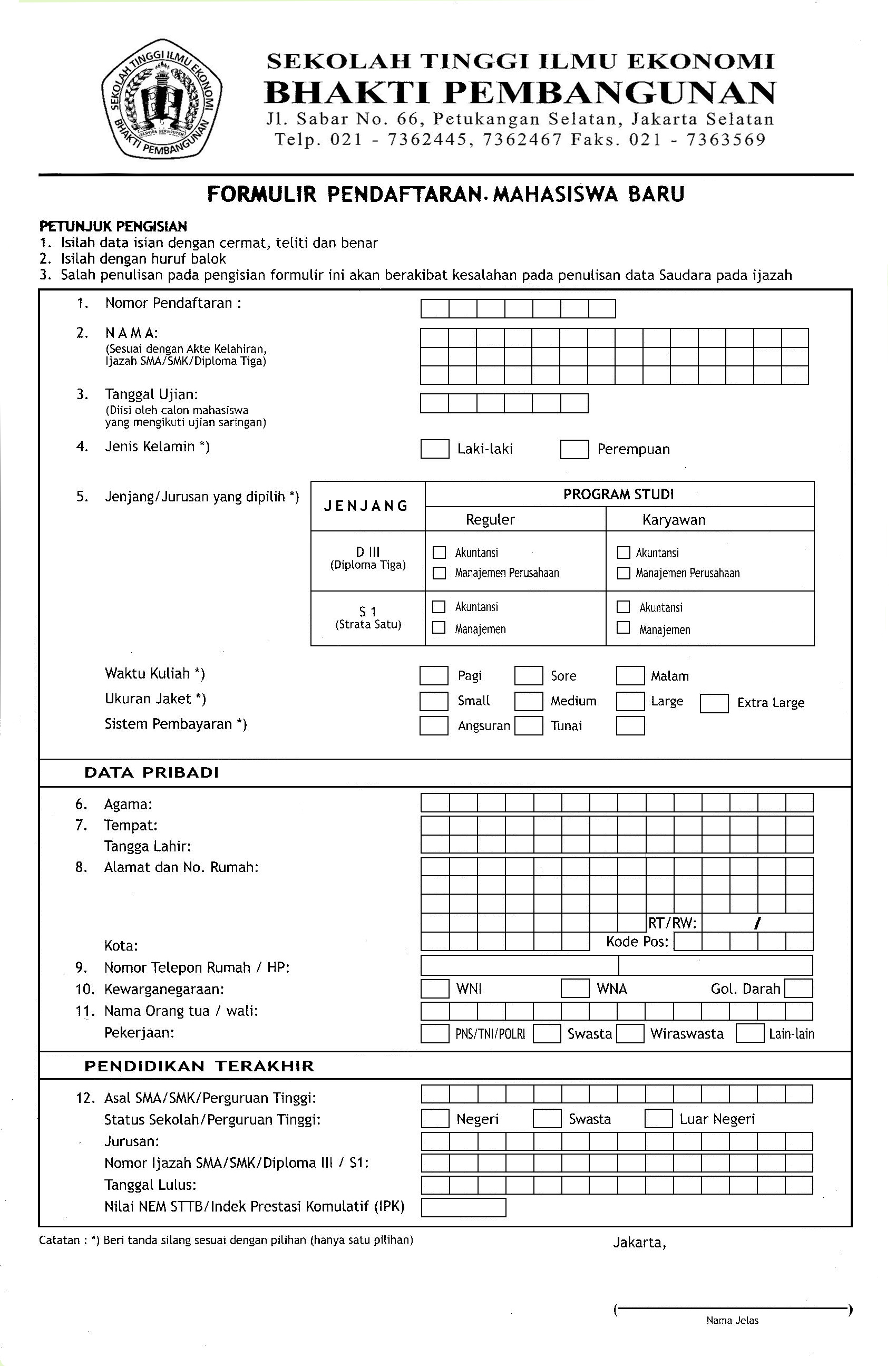 Formulir Pendaftaran Stie Bhakti Pembangunan